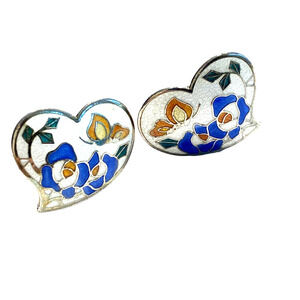 Clip On Earrings Silver Cloisonne Mod Hearts Blue & White Floral Butterfly Retro